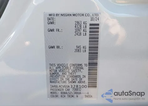 2025 Nissan Altima Sr Fwd из США, поврежденный, VIN 1N4BL4CV6SN328100